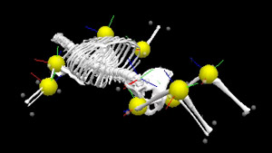 A reconstruction of the motion capture image, with a baby skeleton superimposed on top