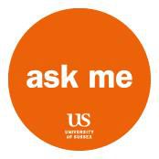 Round orange badge with text