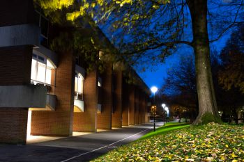 Facade of Pevensey 1 building at night