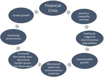 A diagram visually explaing ‘The financial crises—poverty—sustainability nexus’