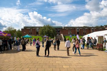 Students in Library Square during Welcome Week