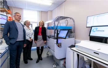 Dr Damian Bell (Director of Global Scientific Affairs, Sophion) with Dr Sarah Lilley and Prof Michelle West in a lab