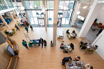 Looking down onto the entrance hall of the Student Centre from the first floor