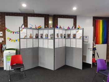 A picture of the LGBTQ+ display featuring the LGBTQ+ notable people in STEM, with a pride flag hanging to the left and bunting that reads 