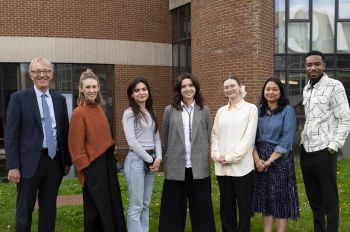 From L-R: Sussex's Allan Spencer; Lucy Hughes – founder of MarinaTex and Sussex alumna; winner Alizee Compson; winner Katya Jeppesen Frank; winner Rosa McKenzie; Sussex's Dr Shova Thapa Karki; - Darren Tenkorang – Founder of TRIM-IT