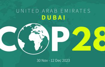 Headline banner with COP28 text with dates of conference, location, Dubai