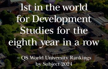 Graphic showing the University of Sussex campus with white text on top reading '1st in the world for Development Studies for the eighth year in a row' - QS World University Rankings by Subject 2024 White logos for IDS and Sussex.