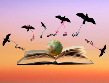 Open book revealing a globe and birds carrying the words 