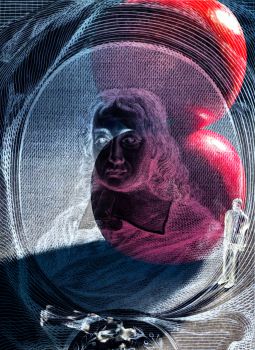 A composite image of poet John Milton, an apple and figures representing Adam and Eve