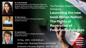 Image of speakers with their affiliation with a Palestinian flag in the background and a hand holding a key