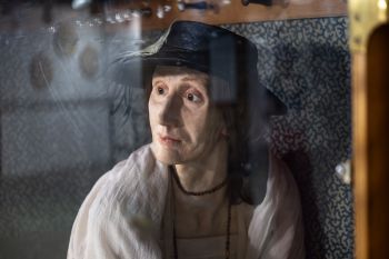 A close up of the wax model of Virginia Woolf