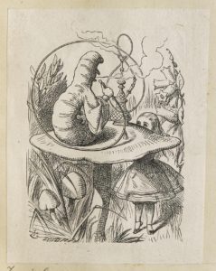 Dalziel after John Tenniel, illustration for ‘Advice from a Caterpillar’, in Lewis Carroll [Charles Lutwidge Dodgson], Alice’s Adventures in Wonderland