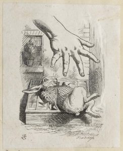 Dalziel after John Tenniel, illustration for ‘The rabbit sends in a little bill’, in Lewis Carroll [Charles Lutwidge Dodgson], Alice’s Adventures in Wonderland