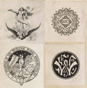 Dalziel, logos for their own art books, the Manchester printer Excelsior and publishers Frederick Warne and Alexander Strahan