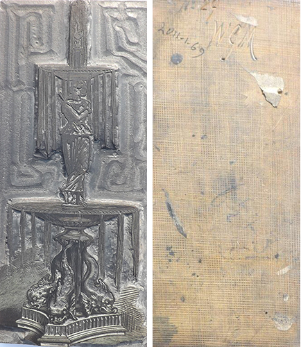 Woodblock of ‘Figure and dolphin base’, a garden fountain c. 1855, with ‘WGM’ seen on back of the block.