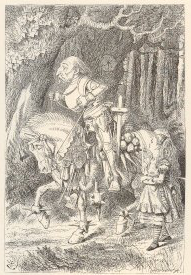 Alice walking beside the White Knight, riding a horse, Dalziel after John Tenniel