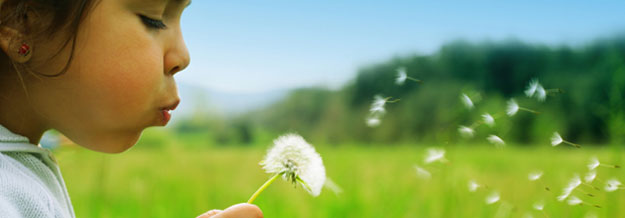child blowing flower