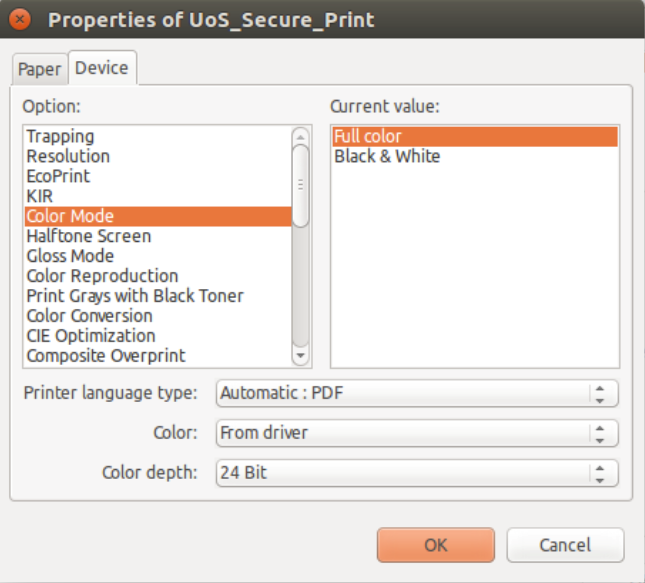 linux printing options, colour or black and white