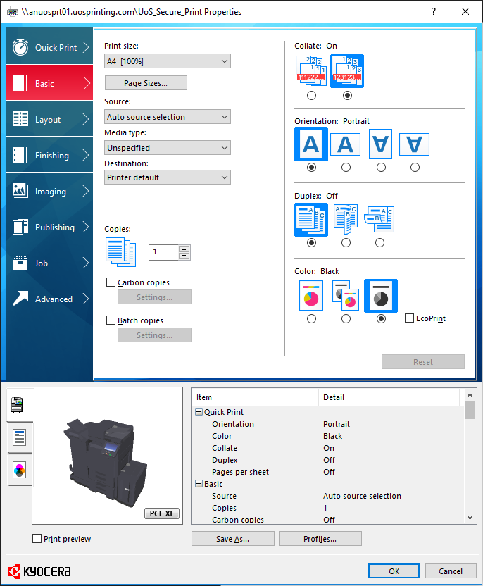 Windows Printer properties screen