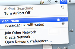wi-fi menu on a Mac, showing connection to eduroam