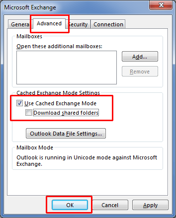 Outlook Advanced settings tab