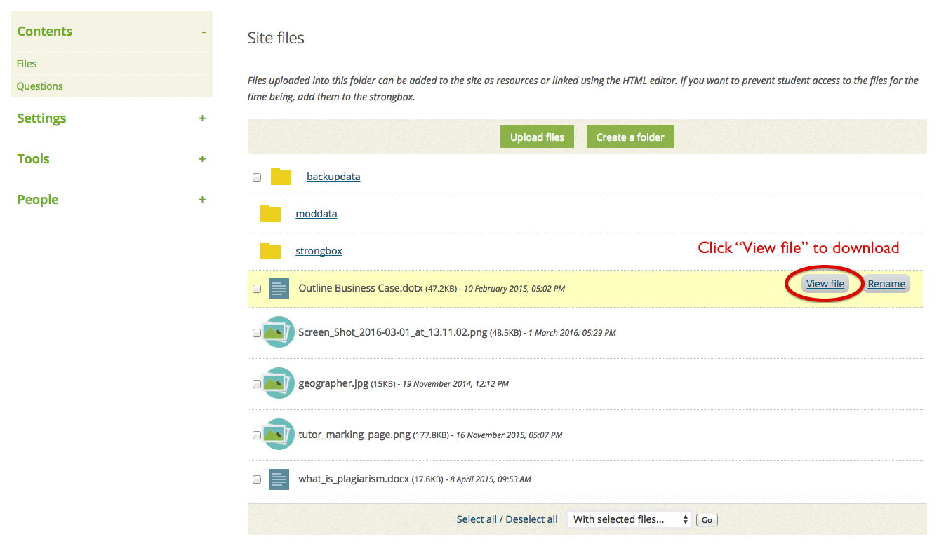 Screenshot showing how to download a single file from Study direct