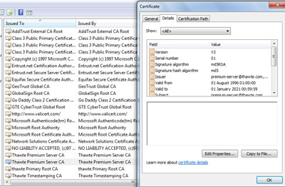 certificate manager in windows showing the details screen for the incorrect certificate