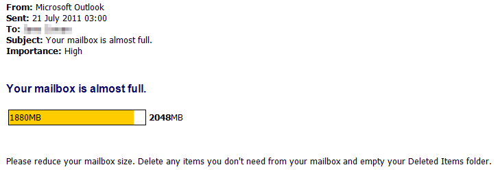 outlook your mailbox is almost full message