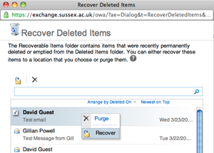 Recover Deleted Items window in OWA