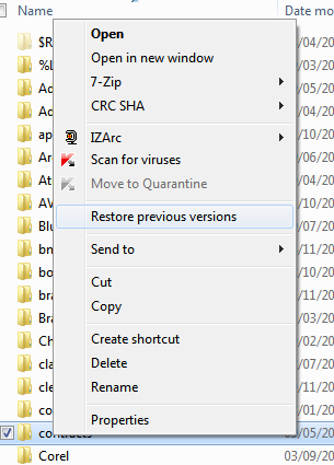 screenshot of right-click menu with Restore previous versions... option