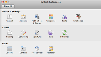 Outlook 2011 Preferences Window