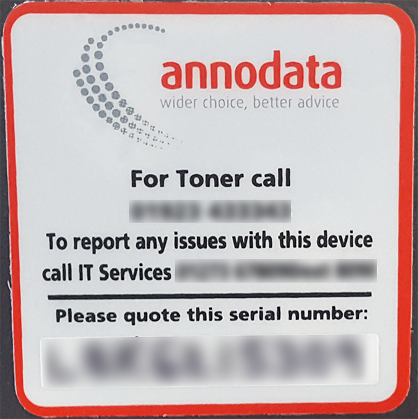 Annodata serial number on red and silver sticker