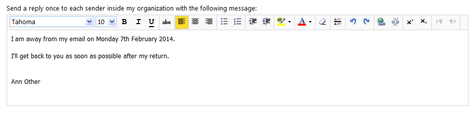 OWA autoreplies text box