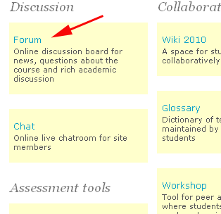 The add-an-activity drop down menu with Forum selected