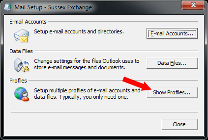 Mail Setup - Show Profiles button