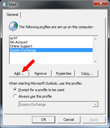 Mail Setup - Add profile button