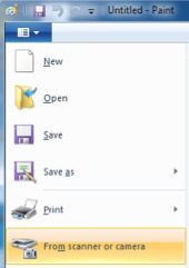 File menu in Paint showing the From scanner or camera option