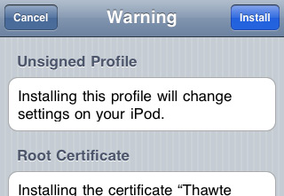 Screenshot - confirm the profile warning by tapping on Install