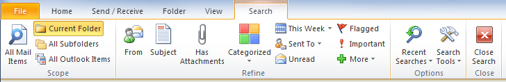 Outlook 2010 Search Tools ribbon
