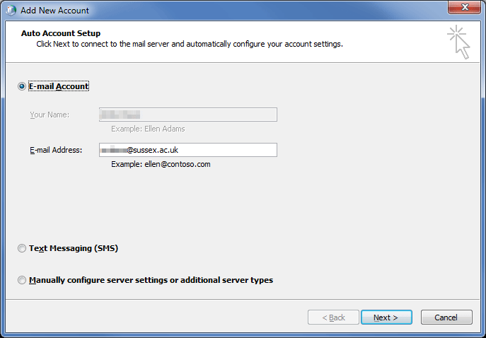 Outlook 2010 Add Account dialogue box auto-filled