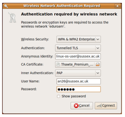 screenshot of Ubuntu wireless network settings