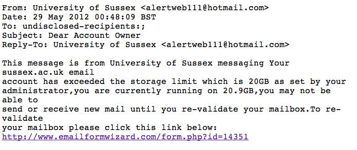 Screenshot of email received at Sussex 29 May 2012