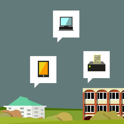 graphic showing Sussex campus with IT icons in speech bubbles