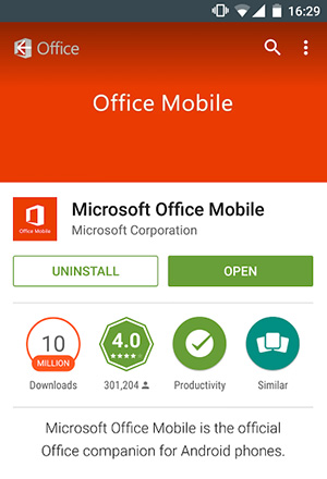 Screenshot of the Play Store app for Microsoft Office