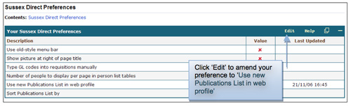 Screenshot of the preferences table in Sussex Direct. Click Edit and then amend your preference to User Publications List in web profile