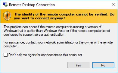 Click yes in the new popup window when logging in to Windows Remote