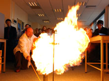 Professor Phillip Parsons of the Department of Chemistry is pictured creating a fireball to demonstr