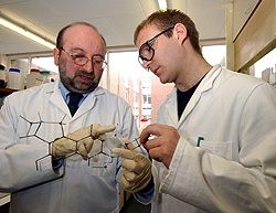 Professor Parsons and DPhil student John Board with a model of the antiobiotic, lactonamycin.