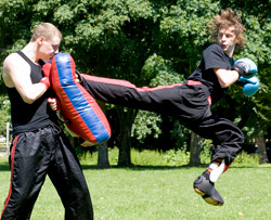 Peter Muffett (right) in training with University of Sussex Kickboxing Club captain Aidan de Gruchy 