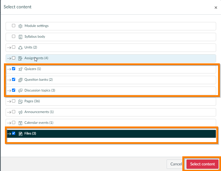 Importing content from previous modules Canvas module setup